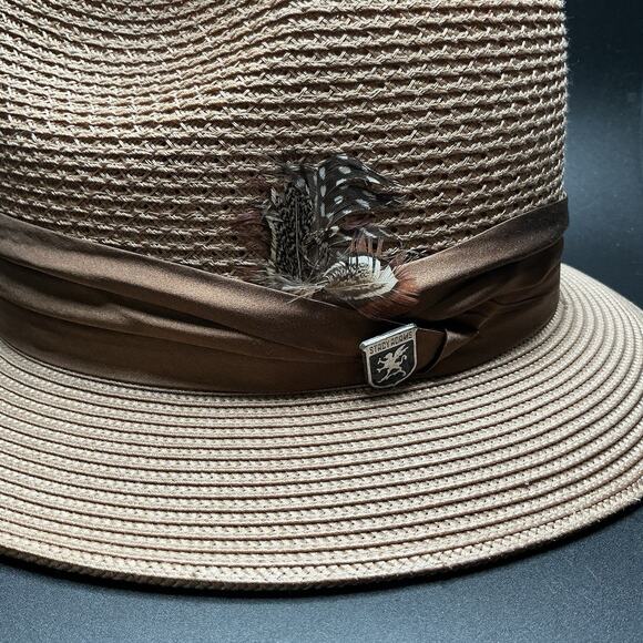 Stacy Adams Kingston Tan Polybraid Pinch-Front Wide Brim Fedora - Pre Owned - Picture 2 of 5